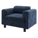 Fauteuil d'appoint surdimensionné en velours tissé bleu / jaune / beige avec accoudoirs pincés et pieds en hévéa – 1 personne