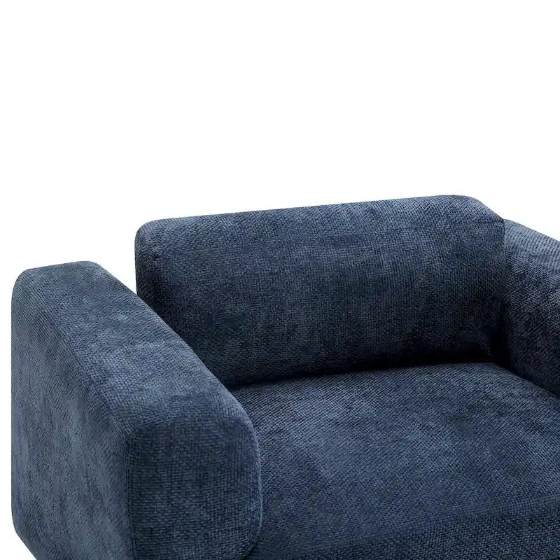 Fauteuil d'appoint surdimensionné en velours tissé bleu / jaune / beige avec accoudoirs pincés et pieds en hévéa – 1 personne