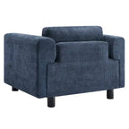 Fauteuil d'appoint surdimensionné en velours tissé bleu / jaune / beige avec accoudoirs pincés et pieds en hévéa – 1 personne