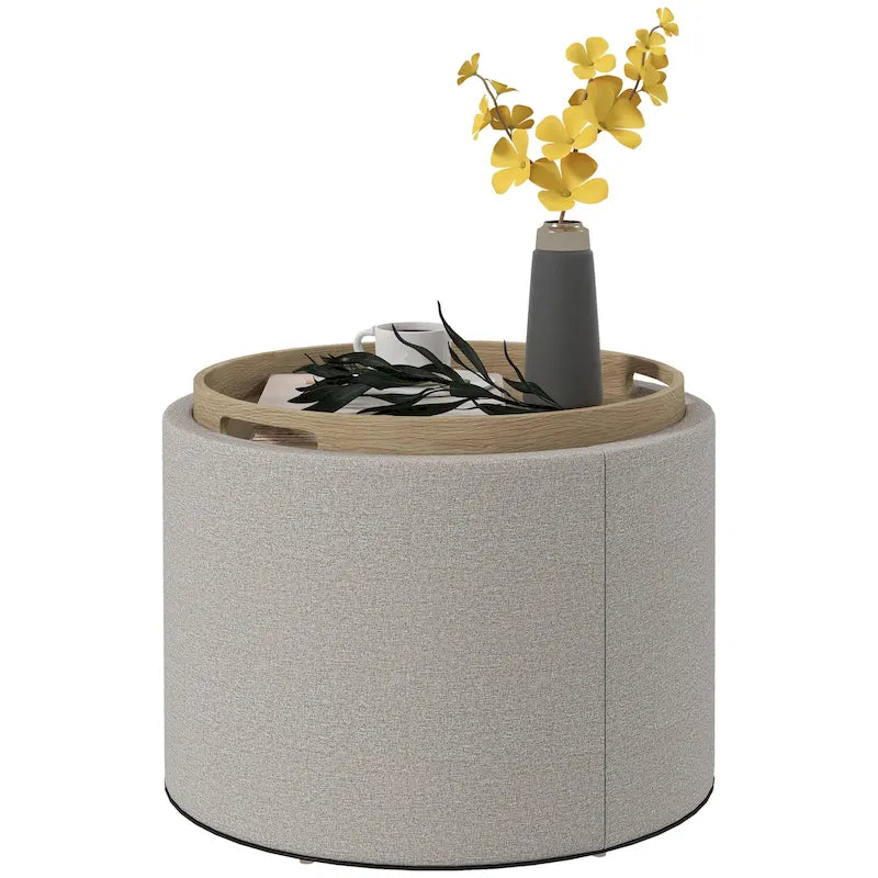 Pouffe de rangement rond en lin gris clair avec plateau amovible – 1 place