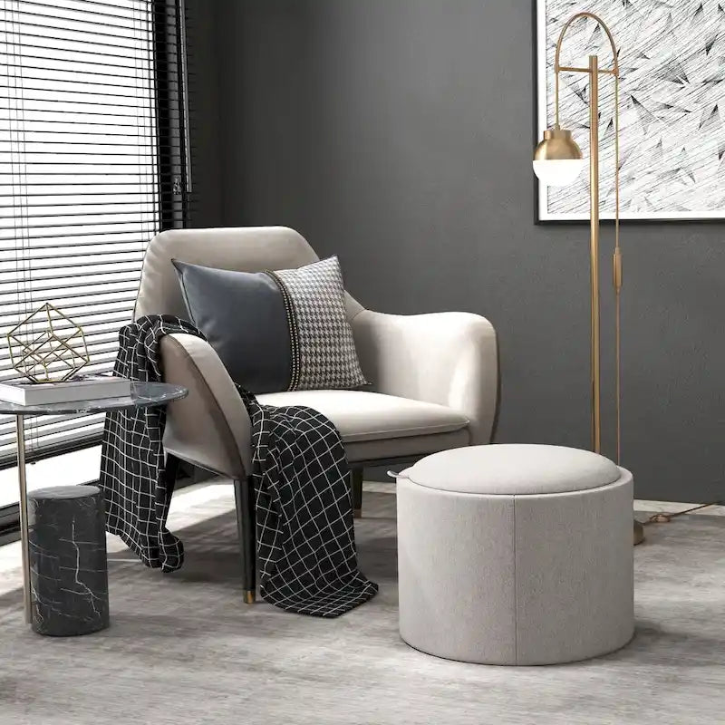 Pouffe de rangement rond en lin gris clair avec plateau amovible – 1 place