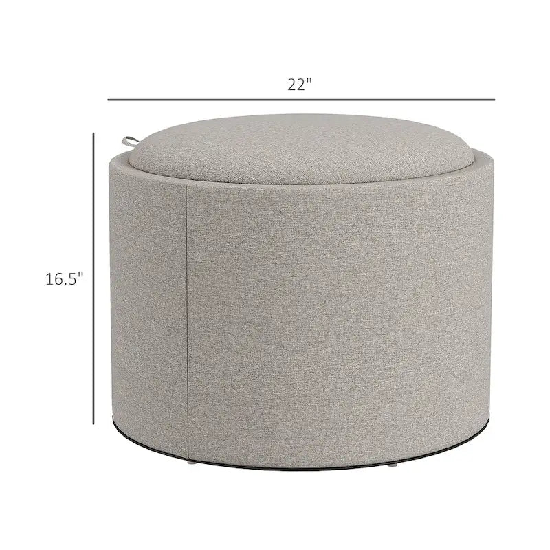 Pouffe de rangement rond en lin gris clair avec plateau amovible – 1 place