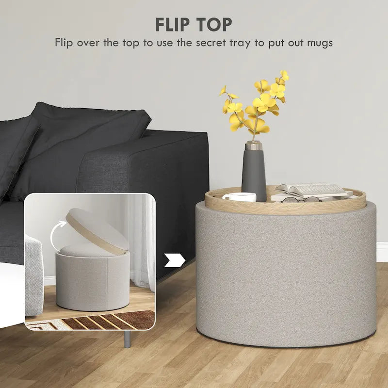 Pouffe de rangement rond en lin gris clair avec plateau amovible – 1 place