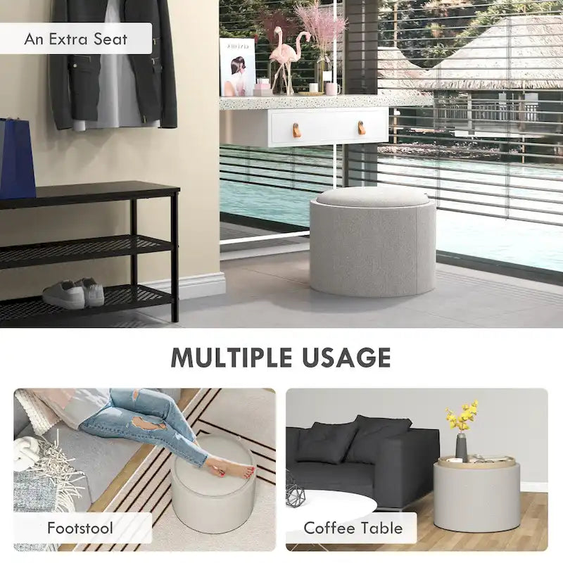Pouffe de rangement rond en lin gris clair avec plateau amovible – 1 place