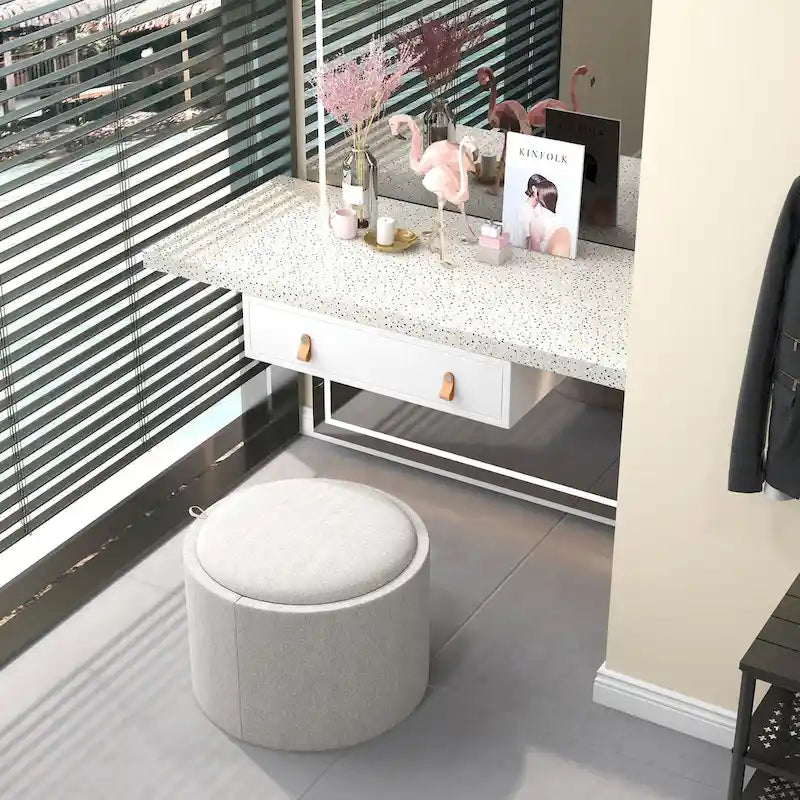 Pouffe de rangement rond en lin gris clair avec plateau amovible – 1 place