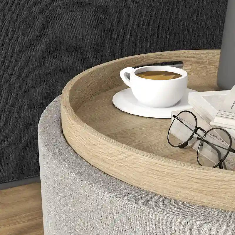 Pouffe de rangement rond en lin gris clair avec plateau amovible – 1 place