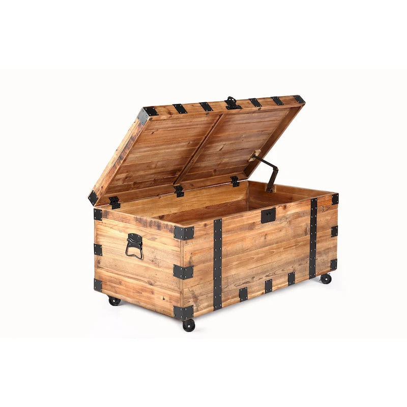 Table basse coffre industrielle en bois recyclé naturel avec cadre en métal noir et 4 roulettes