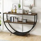 Table console demi-lune à 3 niveaux marron vieilli / marron foncé avec cadre métallique – 1-pièce