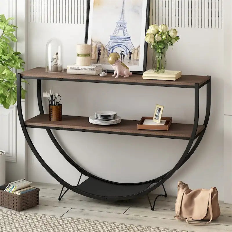 Table console demi-lune à 3 niveaux marron vieilli / marron foncé avec cadre métallique – 1-pièce