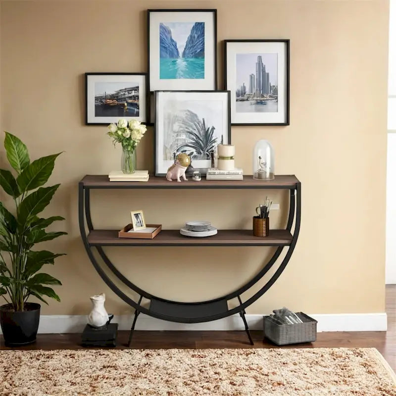 Table console demi-lune à 3 niveaux marron vieilli / marron foncé avec cadre métallique – 1-pièce
