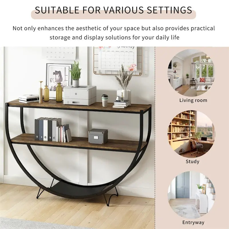 Table console demi-lune à 3 niveaux marron vieilli / marron foncé avec cadre métallique – 1-pièce