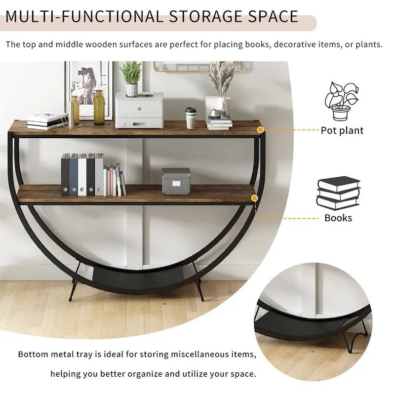 Table console demi-lune à 3 niveaux marron vieilli / marron foncé avec cadre métallique – 1-pièce