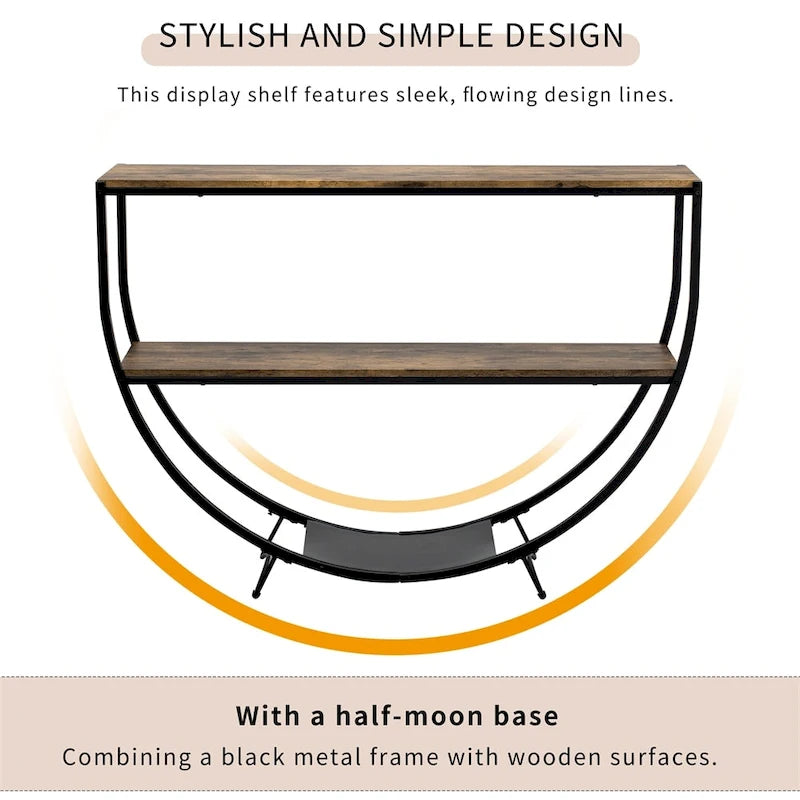 Table console demi-lune à 3 niveaux marron vieilli / marron foncé avec cadre métallique – 1-pièce