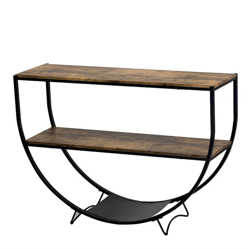Table console demi-lune à 3 niveaux marron vieilli / marron foncé avec cadre métallique – 1-pièce