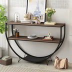Table console demi-lune à 3 niveaux marron vieilli / marron foncé avec cadre métallique – 1-pièce