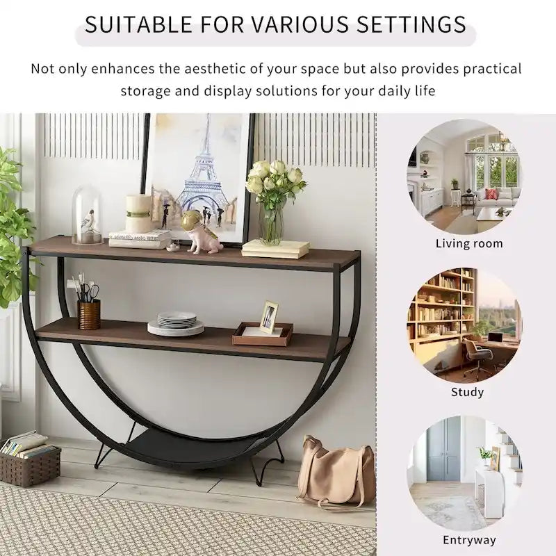 Table console demi-lune à 3 niveaux marron vieilli / marron foncé avec cadre métallique – 1-pièce