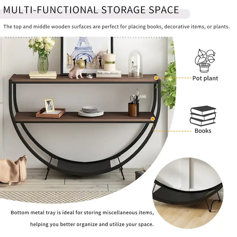 Table console demi-lune à 3 niveaux marron vieilli / marron foncé avec cadre métallique – 1-pièce