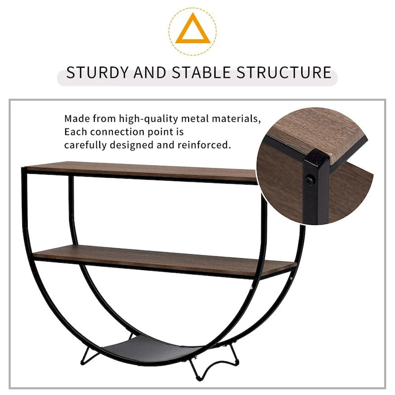 Table console demi-lune à 3 niveaux marron vieilli / marron foncé avec cadre métallique – 1-pièce