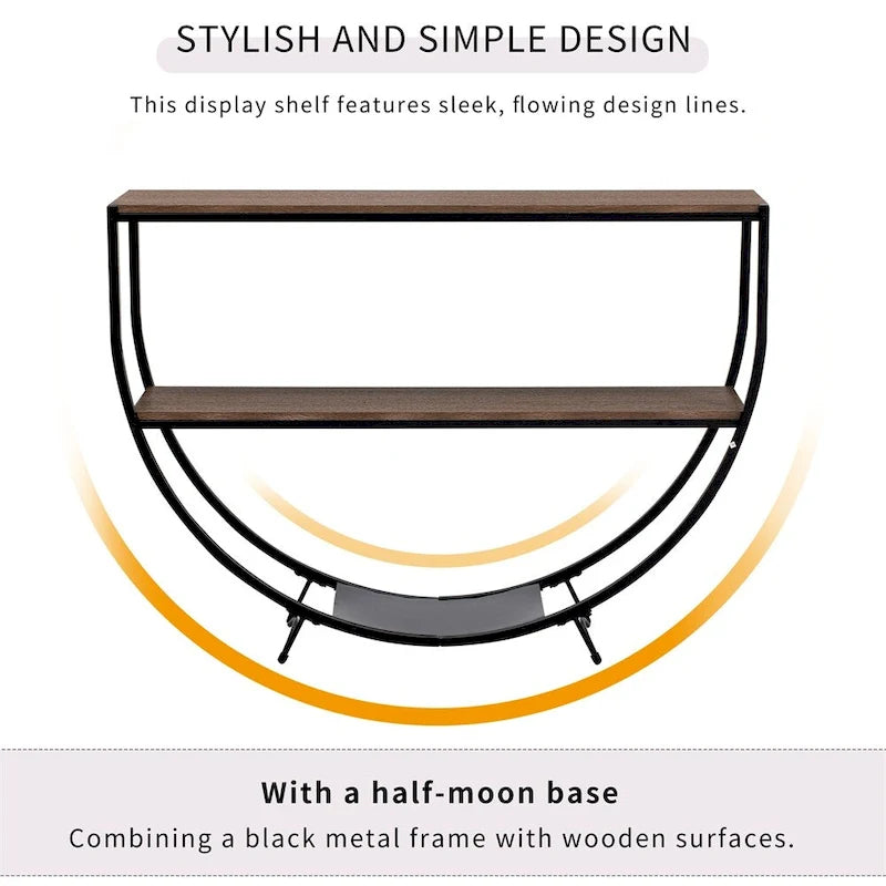 Table console demi-lune à 3 niveaux marron vieilli / marron foncé avec cadre métallique – 1-pièce