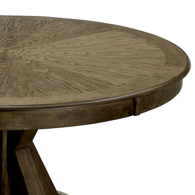 Table à manger ronde en bois massif et placage de chêne clair marron avec piètement central incliné – 4 places