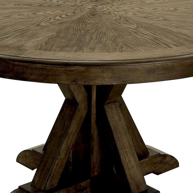 Table à manger ronde en bois massif et placage de chêne clair marron avec piètement central incliné – 4 places