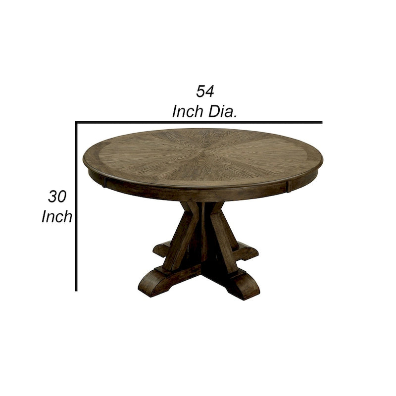 Table à manger ronde en bois massif et placage de chêne clair marron avec piètement central incliné – 4 places