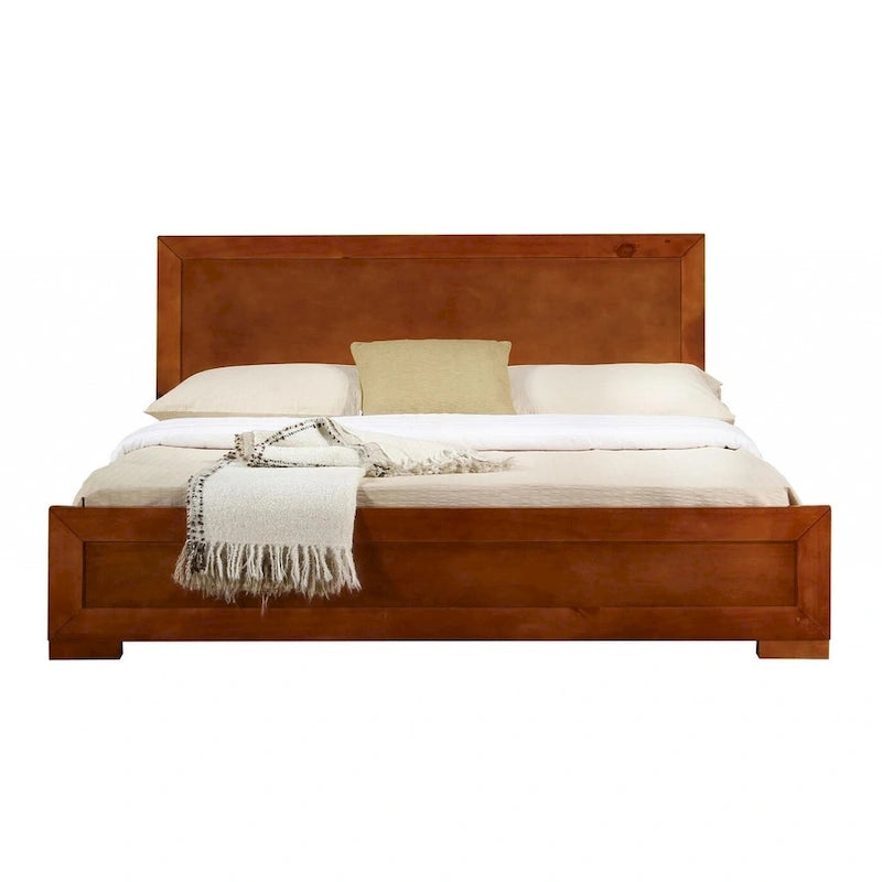 Cadre de lit King en bois massif marron avec tête et pied de lit à panneaux rectangulaires – 2 personnes