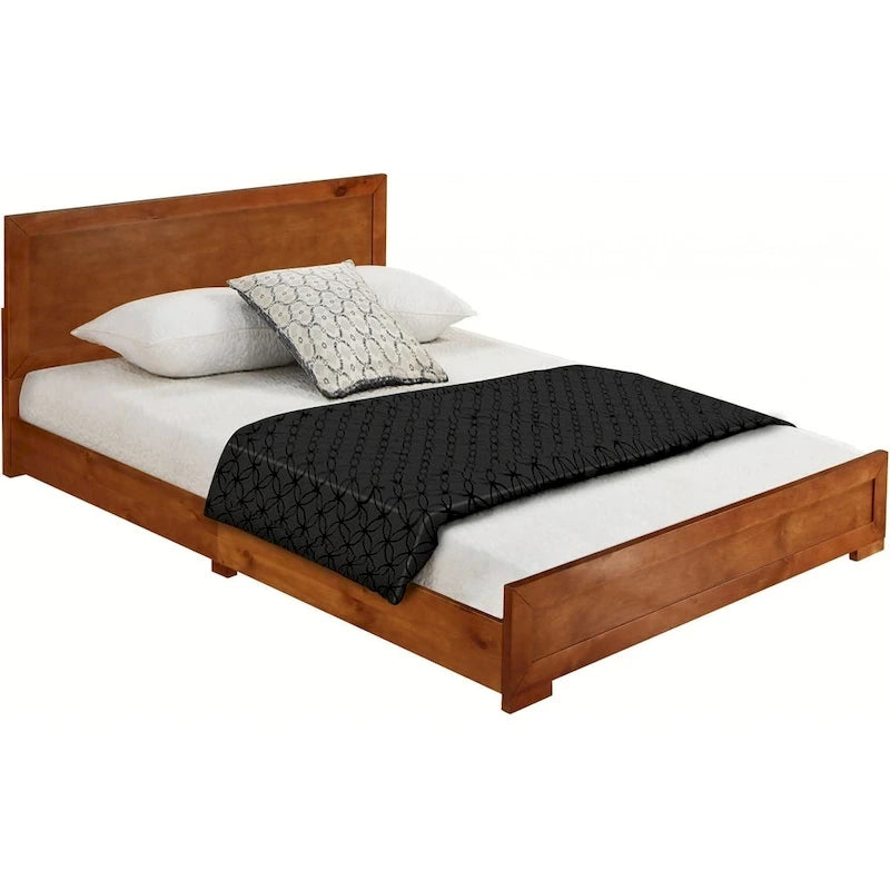 Cadre de lit King en bois massif marron avec tête et pied de lit à panneaux rectangulaires – 2 personnes