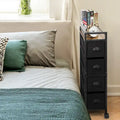 Commode verticale étroite noire avec cadre en fer, tiroirs en tissu et plateau en bois – 4 ou 5 tiroirs