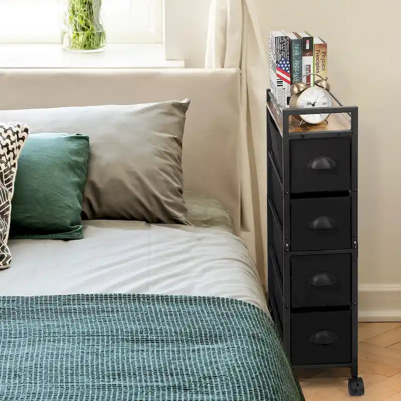 Commode verticale étroite noire avec cadre en fer, tiroirs en tissu et plateau en bois – 4 ou 5 tiroirs