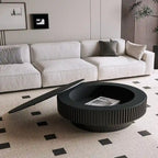 Table basse ronde cannelée en bois naturel / noir / noyer avec rangement intégré – 1 pièce