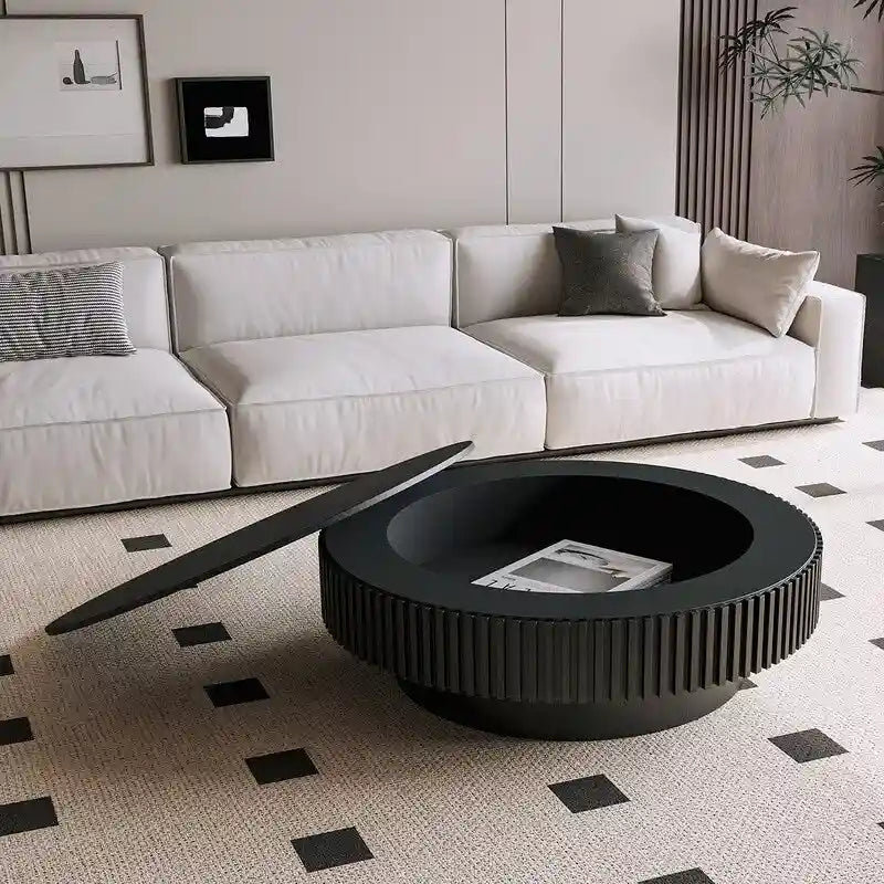 Table basse ronde cannelée en bois naturel / noir / noyer avec rangement intégré – 1 pièce