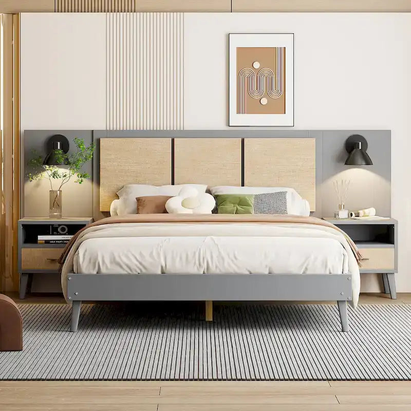 Lit Queen en rotin gris et bois avec tables de chevet intégrées et liseuses – 2 places