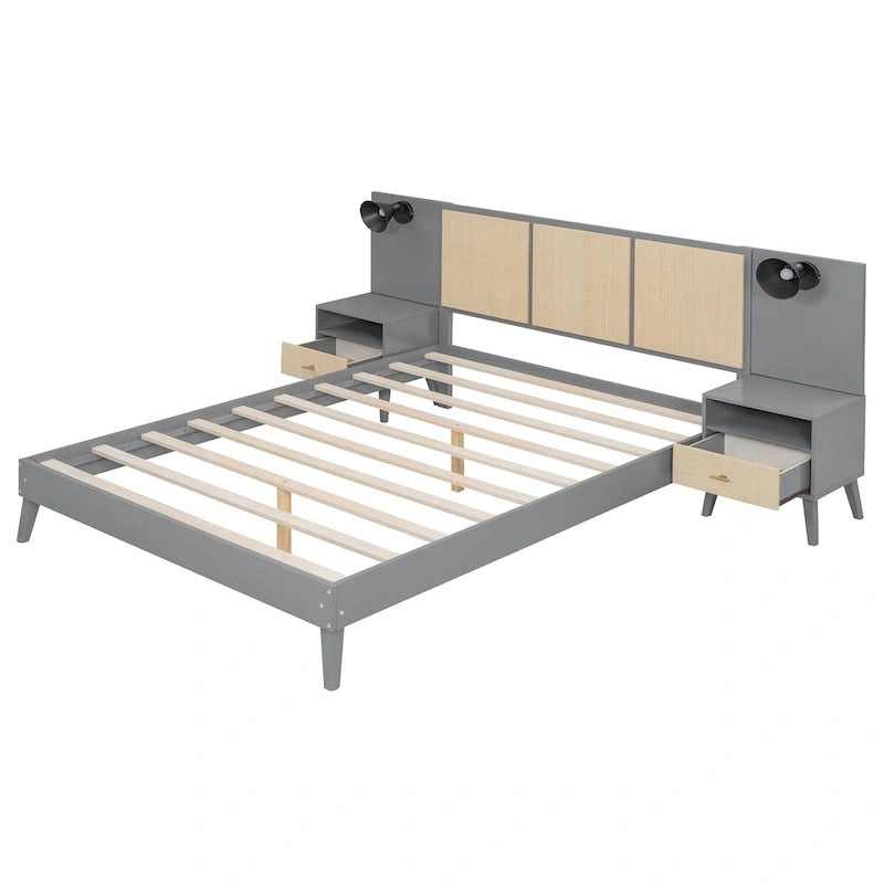 Lit Queen en rotin gris et bois avec tables de chevet intégrées et liseuses – 2 places