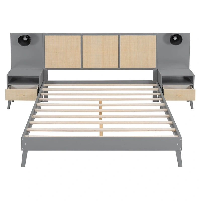 Lit Queen en rotin gris et bois avec tables de chevet intégrées et liseuses – 2 places