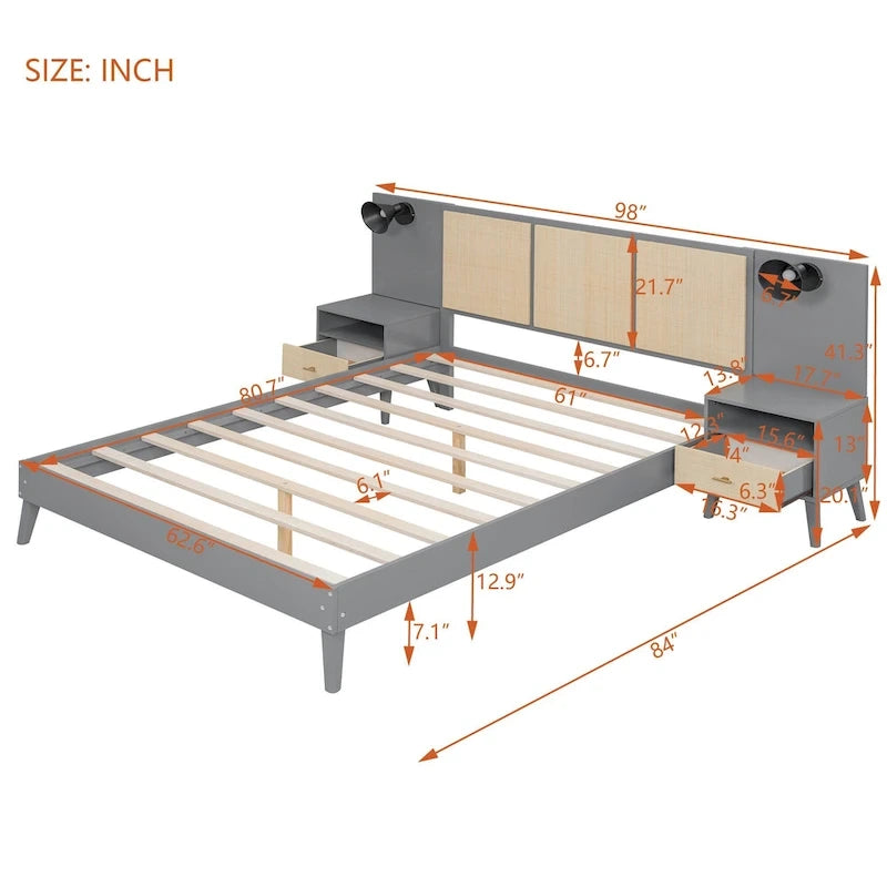 Lit Queen en rotin gris et bois avec tables de chevet intégrées et liseuses – 2 places
