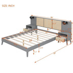 Lit Queen en rotin gris et bois avec tables de chevet intégrées et liseuses – 2 places