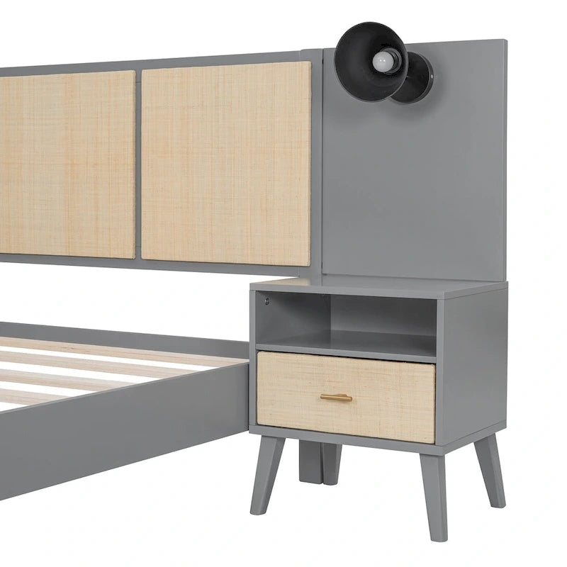 Lit Queen en rotin gris et bois avec tables de chevet intégrées et liseuses – 2 places