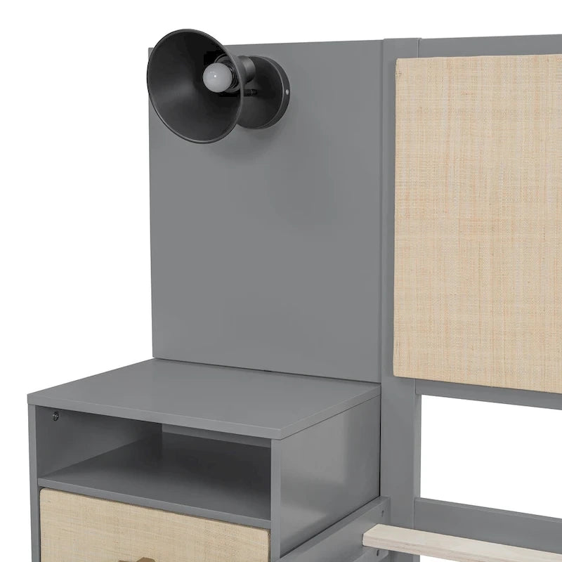 Lit Queen en rotin gris et bois avec tables de chevet intégrées et liseuses – 2 places