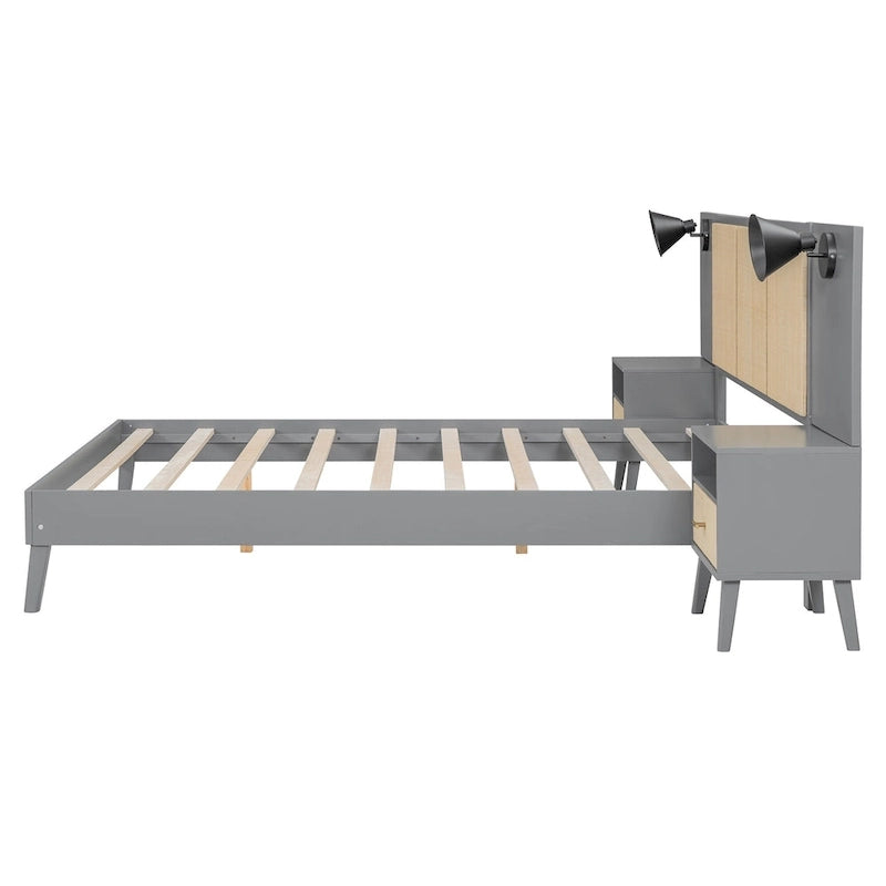 Lit Queen en rotin gris et bois avec tables de chevet intégrées et liseuses – 2 places