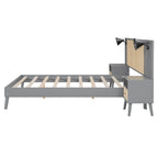 Lit Queen en rotin gris et bois avec tables de chevet intégrées et liseuses – 2 places