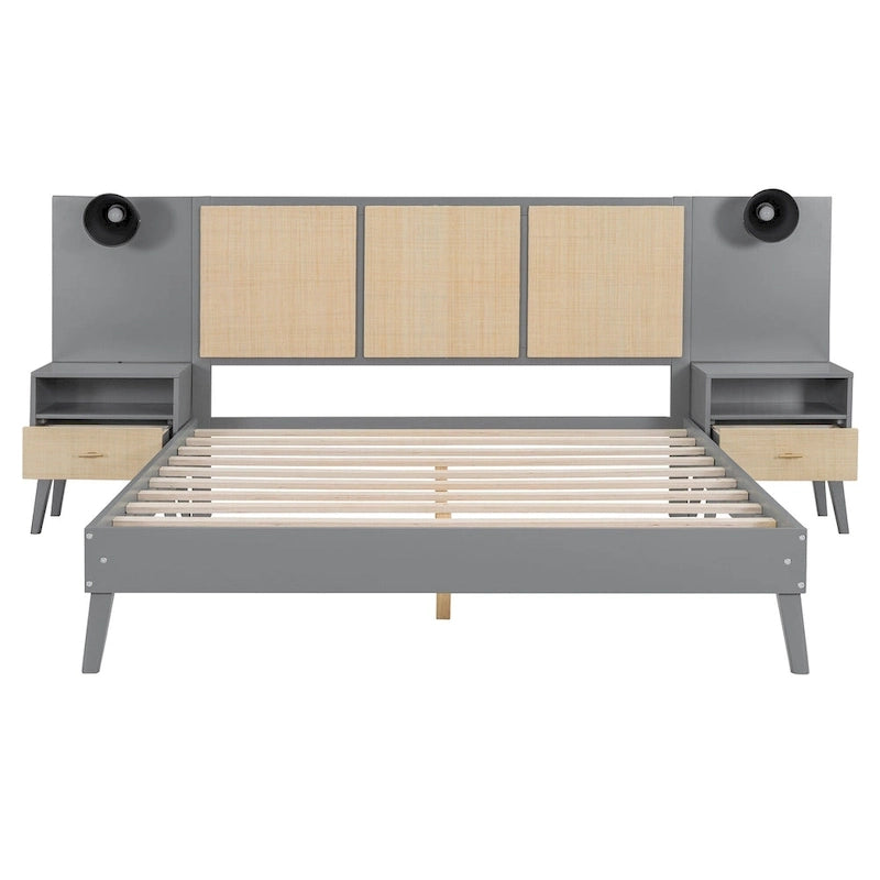 Lit Queen en rotin gris et bois avec tables de chevet intégrées et liseuses – 2 places