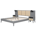 Lit Queen en rotin gris et bois avec tables de chevet intégrées et liseuses – 2 places