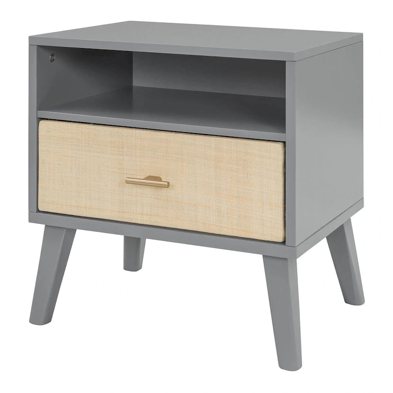 Lit Queen en rotin gris et bois avec tables de chevet intégrées et liseuses – 2 places