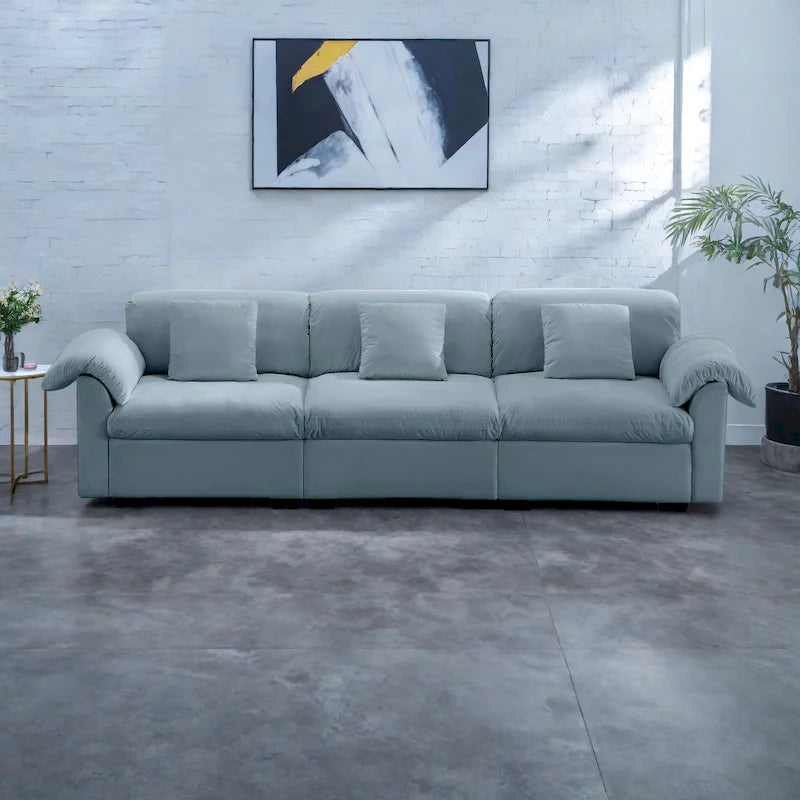 Canapé modulaire 4 places en velours vert/blanc/sable/bleu avec rangement caché – 4 personnes