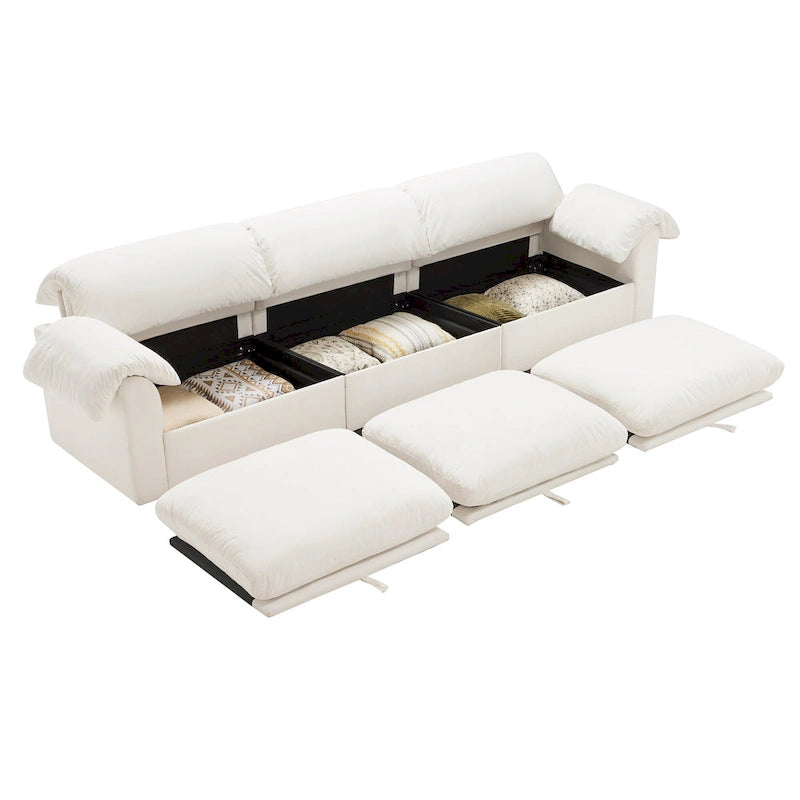 Canapé modulaire 4 places en velours vert/blanc/sable/bleu avec rangement caché – 4 personnes