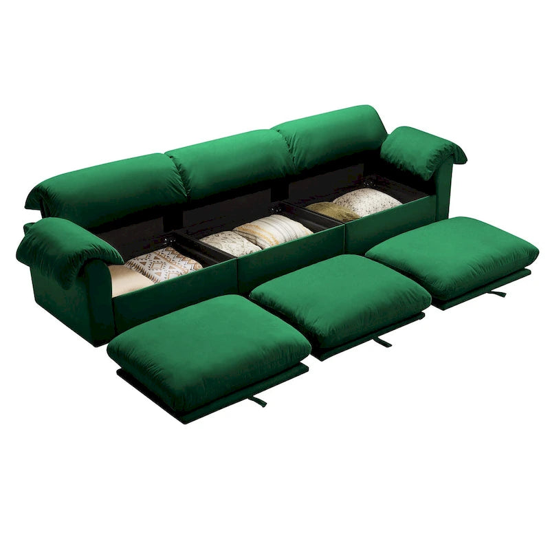 Canapé modulaire 4 places en velours vert/blanc/sable/bleu avec rangement caché – 4 personnes