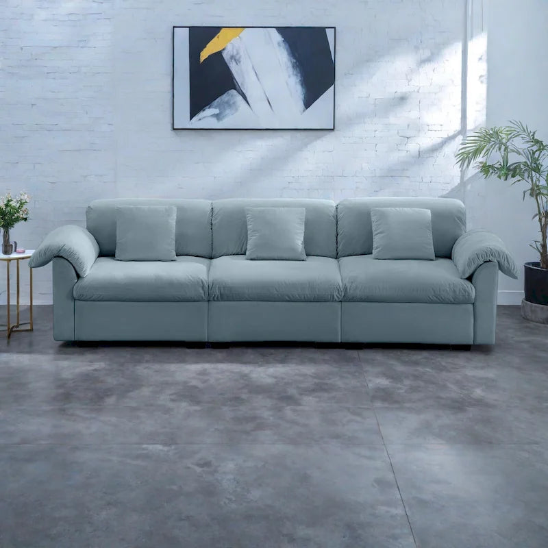 Canapé modulaire 4 places en velours vert/blanc/sable/bleu avec rangement caché – 4 personnes