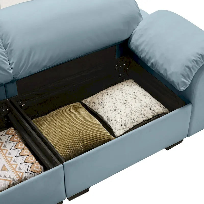Canapé modulaire 4 places en velours vert/blanc/sable/bleu avec rangement caché – 4 personnes