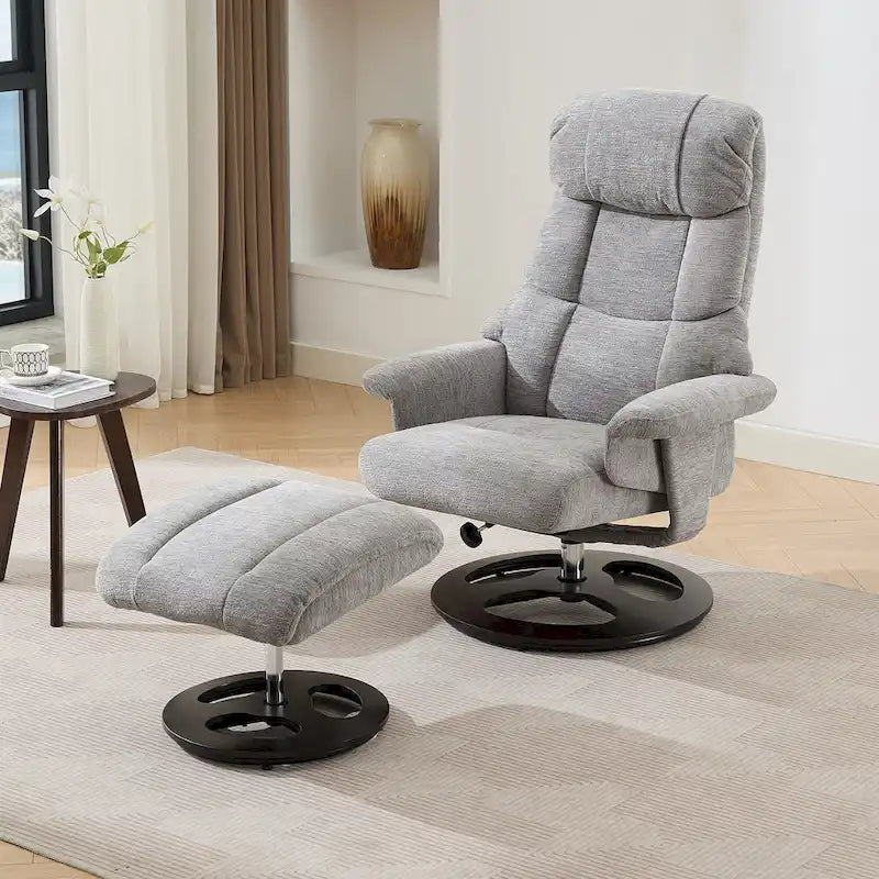 Fauteuil inclinable pivotant à 360° en chenille grise avec ottoman, massage, chauffage et télécommande – 1 personne